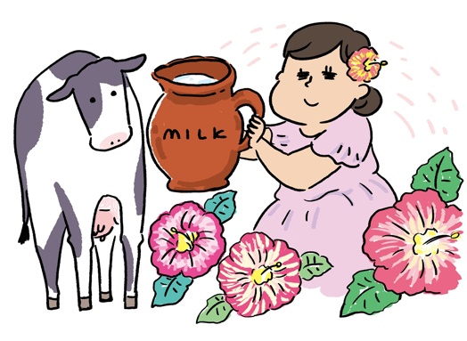 牛乳を手に持ったふくよかな女性のイラスト