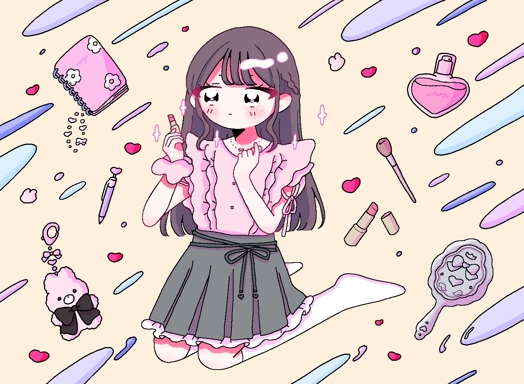 かわいい女子大生がリップなどを持って、さらにかわいくなろうと努力している。周りにはノートや鏡などかわいい物が散りばめられている。
